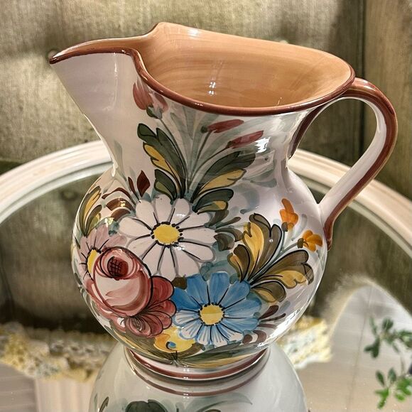 Castelli Italy Hand Painted Ceramic Pitcher Spring Flowers 7.5” x 6” | Vintage - Picture 7 of 7
